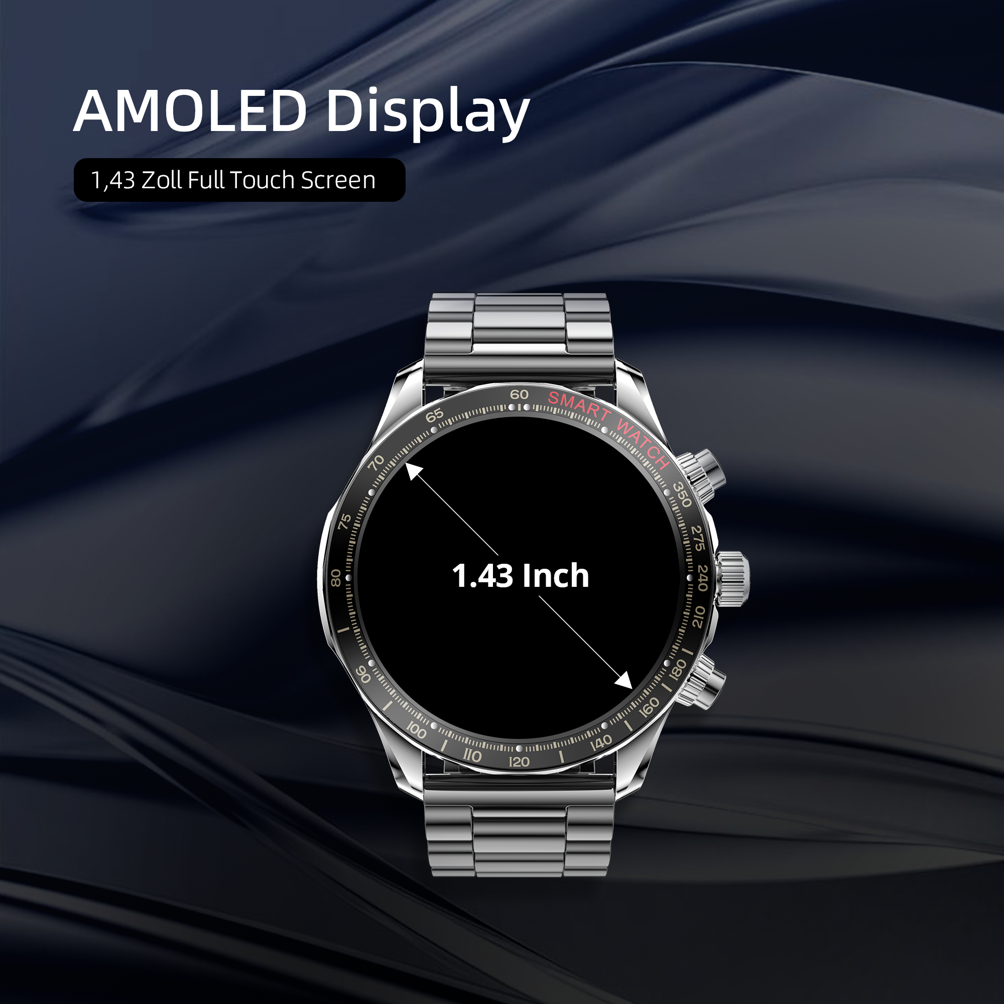 Smartwatch argentato con display nero, mostra 1.43 pollici. Info display AMOLED in alto.