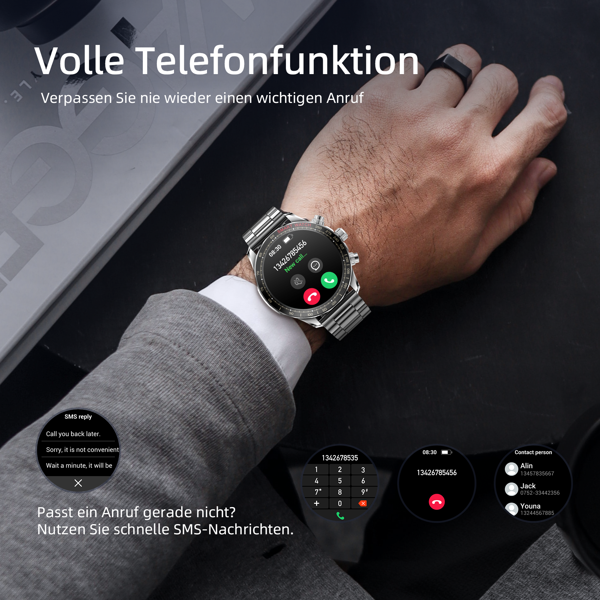 Il polso di una persona con uno smartwatch che mostra una chiamata in arrivo. Vengono visualizzate anche diverse opzioni di risposta SMS.