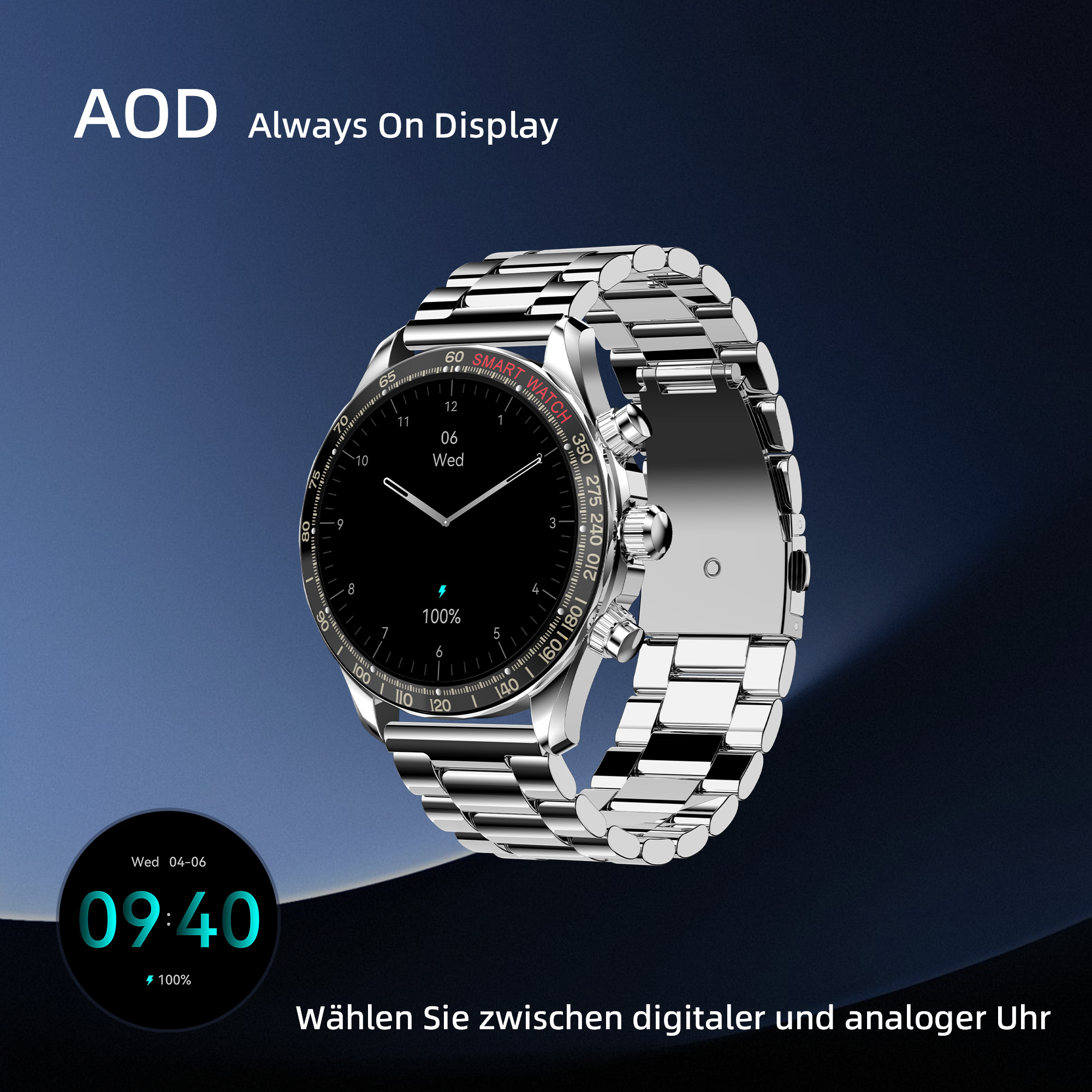 Uno smartwatch argentato mostra l'ora e la batteria su uno schermo nero. Il testo 'AOD Always On Display' è visibile.