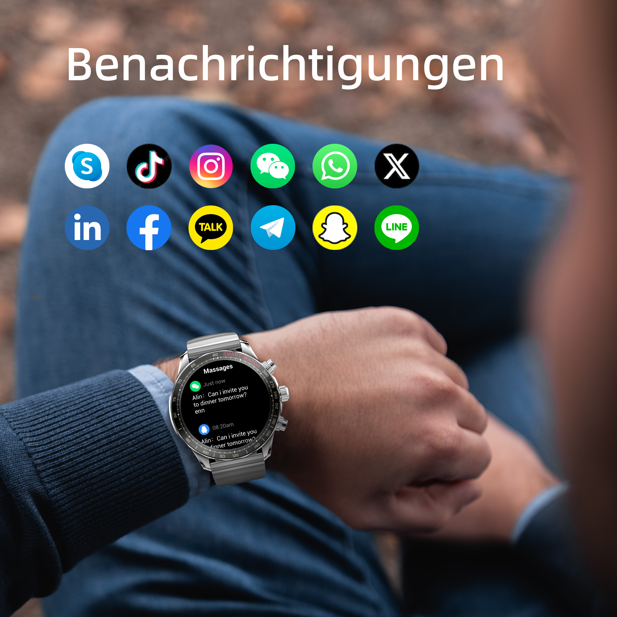 Una persona indossa uno smartwatch, che riceve messaggi da app di social media. Vengono visualizzati vari loghi di app.