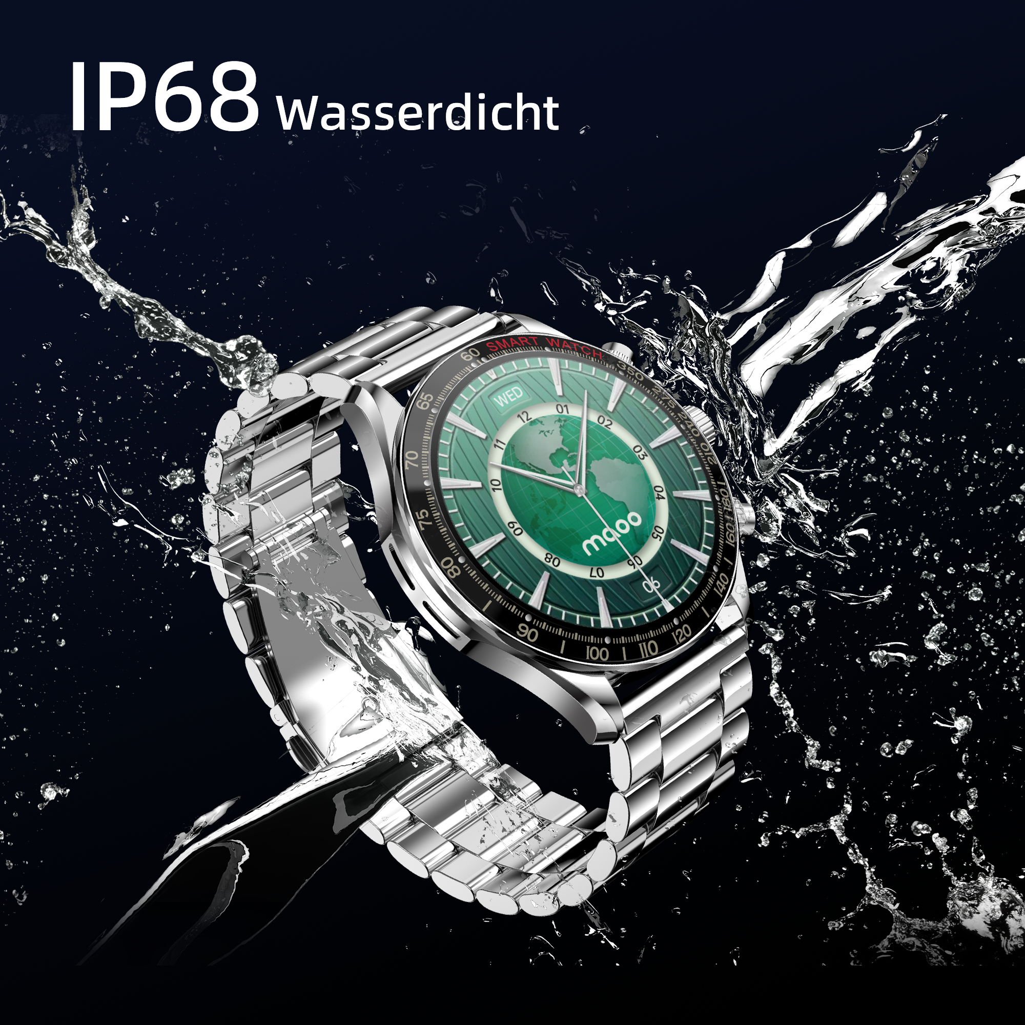 Eine silberne Smartwatch mit grünem Zifferblatt wird mit Wasser bespritzt. Das Zifferblatt zeigt eine Weltkarte und die Uhrzeit.