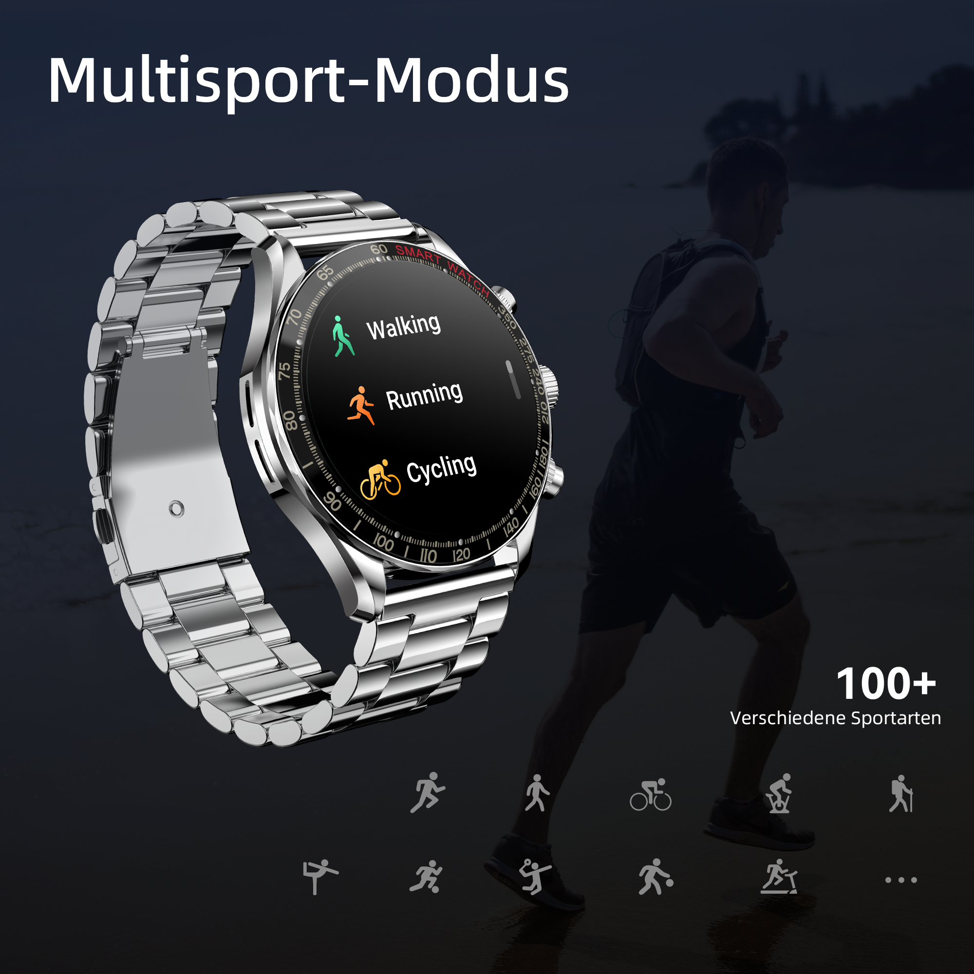 Eine Smartwatch mit den Optionen 'Gehen', 'Laufen' und 'Radfahren'. Im Hintergrund ein Läufer. Text: '100+ Sportarten'.