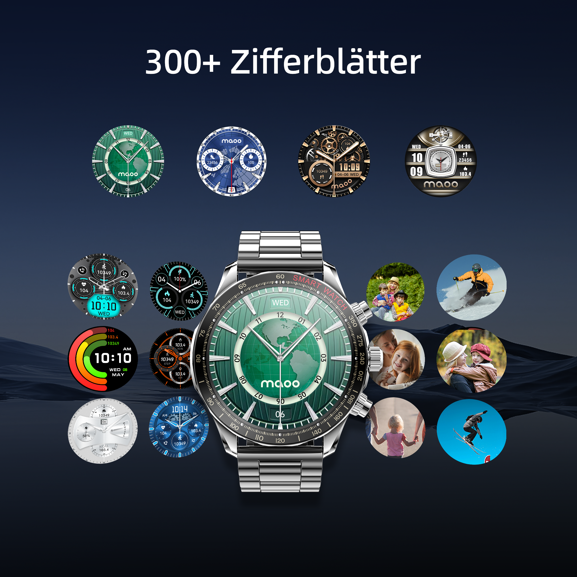Smartwatch con più quadranti, più immagini di persone e sport. Il testo recita '300+ Zifferblätter'.