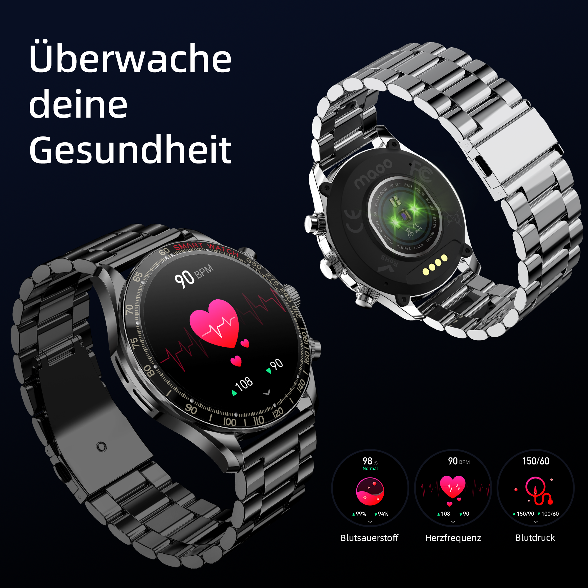 Smartwatch che mostra le metriche di salute. Visualizza frequenza cardiaca, pressione sanguigna e ossigeno.