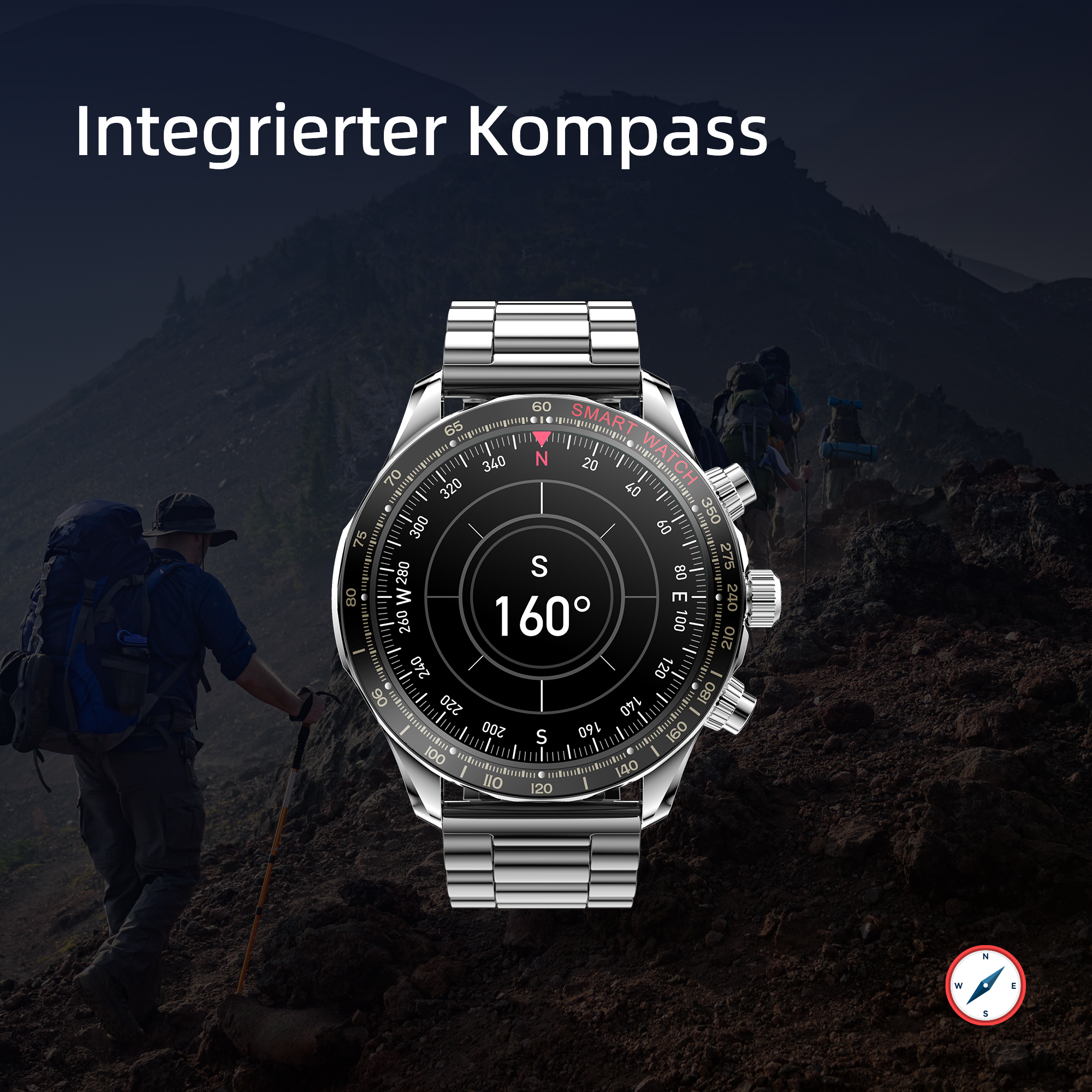 Smartwatch con display bussola (160°), escursionisti su un sentiero di montagna sullo sfondo.