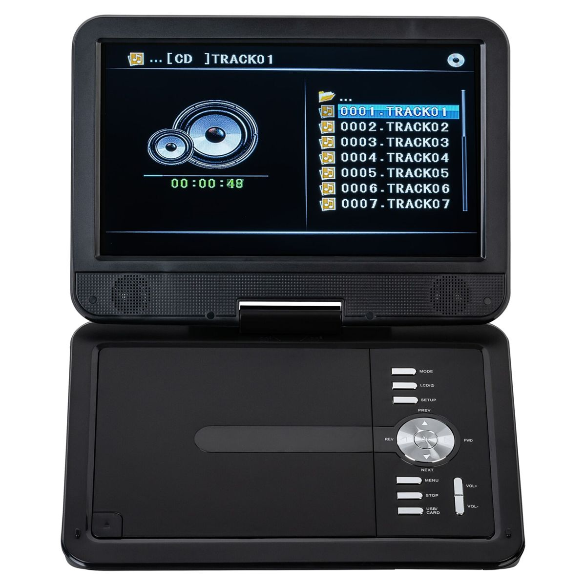 Ein schwarzer tragbarer DVD-Player ist geöffnet. Der Bildschirm zeigt ein CD-Menü mit Titelauswahl und einem Lautsprechersymbol. Knöpfe sind sichtbar.