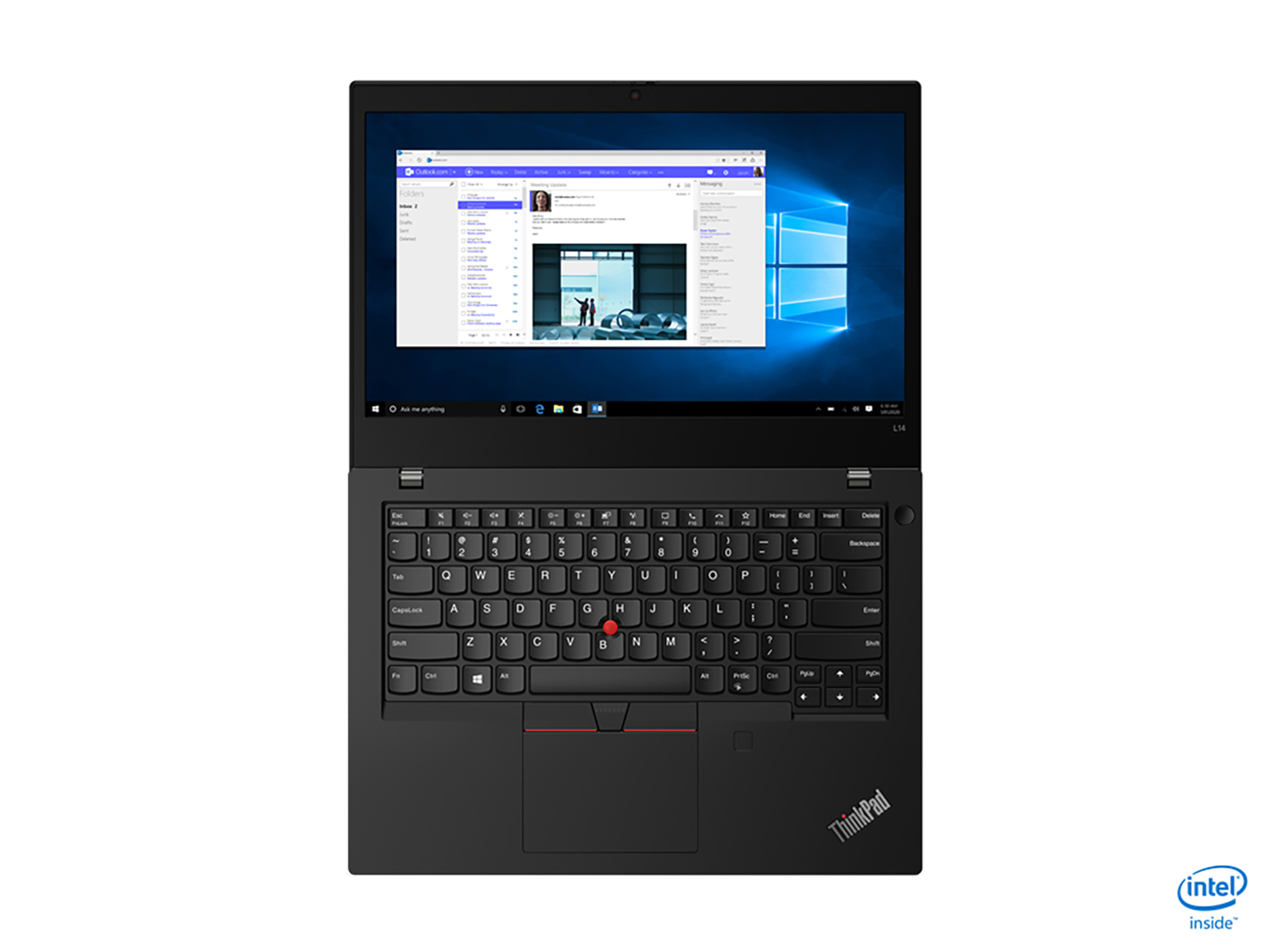 Schwarzes ThinkPad-Laptop mit Bildschirm, der einen E-Mail-Posteingang und einen Windows-Hintergrund zeigt. Intel inside Logo sichtbar.