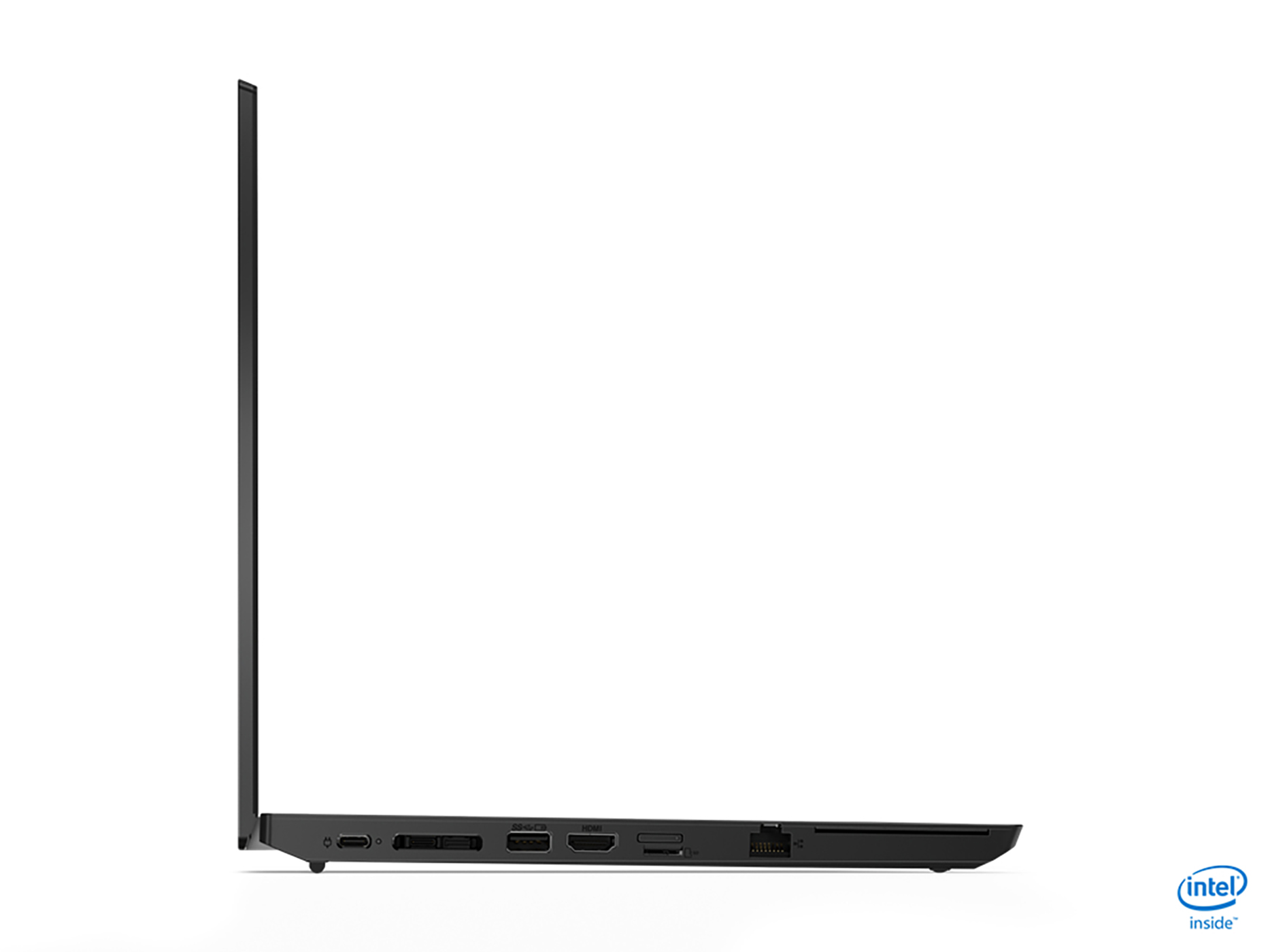 Seitenansicht eines schwarzen Laptops mit Anschlüssen und Intel Inside Logo. Bildschirm geschlossen, weißer Hintergrund.