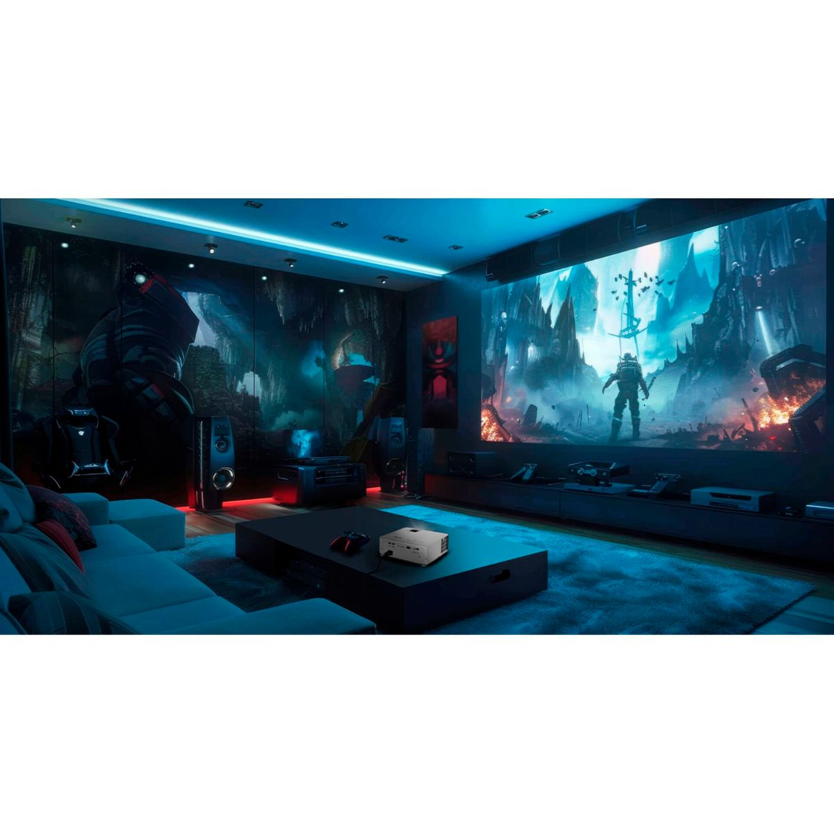 Kino domowe z dużym ekranem wyświetlającym scenę z gry wideo. Projektor stoi na stole. Obecne jest niebieskie oświetlenie i nowoczesny wystrój.