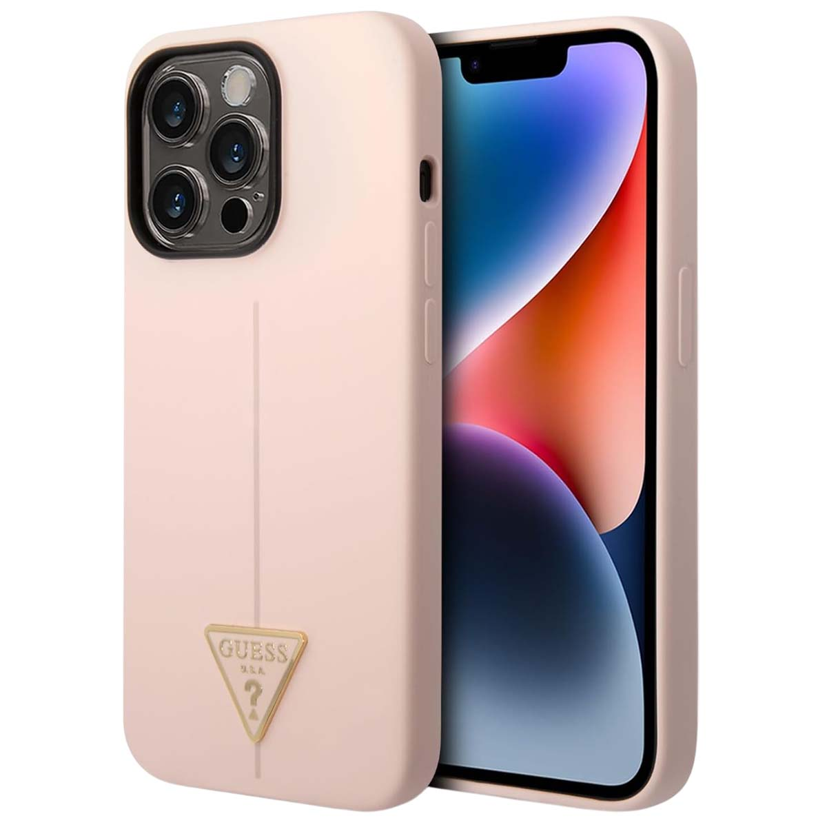 Eine hellrosa Guess-Handyhülle mit einem Telefon darin. Das Telefon hat einen farbenfrohen Bildschirm. Das Etui hat das Guess-Logo.