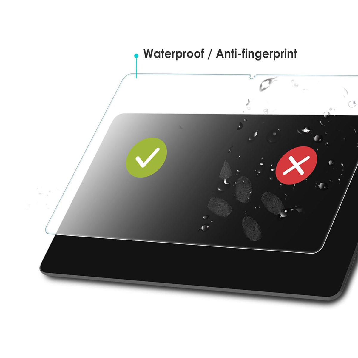 Un protecteur d'écran sur un appareil noir. Coche verte et croix rouge sur l'écran. Gouttes d'eau et empreintes digitales présentes.