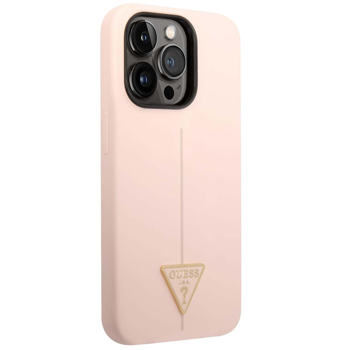 Eine rosa Handyhülle mit Guess-Logo. Sie hat einen Kameraausschnitt und ein vertikales Liniendesign. Die Hülle liegt auf weißem Untergrund.