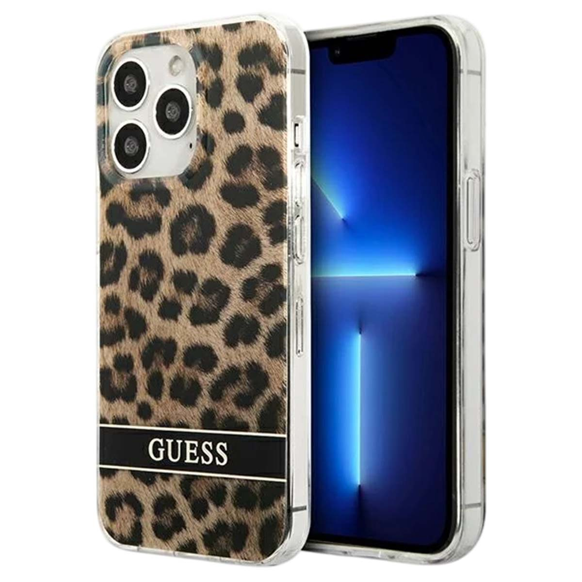 Un iPhone con custodia Guess con stampa leopardata. Lo schermo del telefono è blu. La custodia ha il logo Guess.