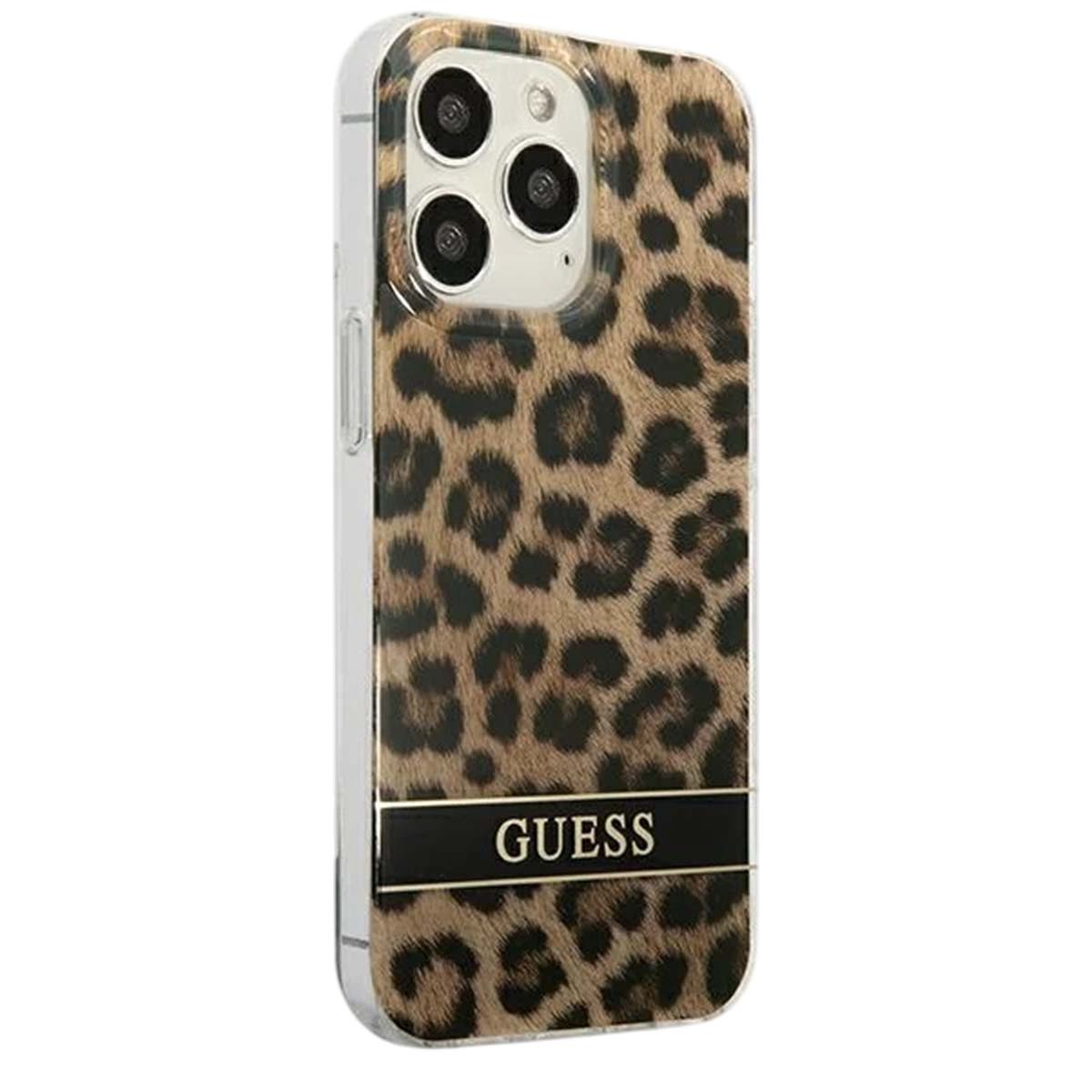 Una custodia per telefono con stampa leopardata e logo Guess. La custodia ha un bordo trasparente, la fotocamera del telefono è visibile in alto.