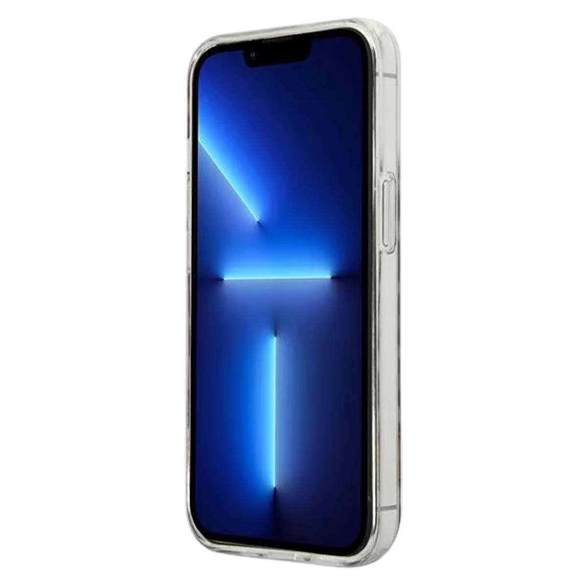 Un iPhone in una custodia trasparente, con schermo blu e striature luminose. La custodia è trasparente, il telefono è in verticale.