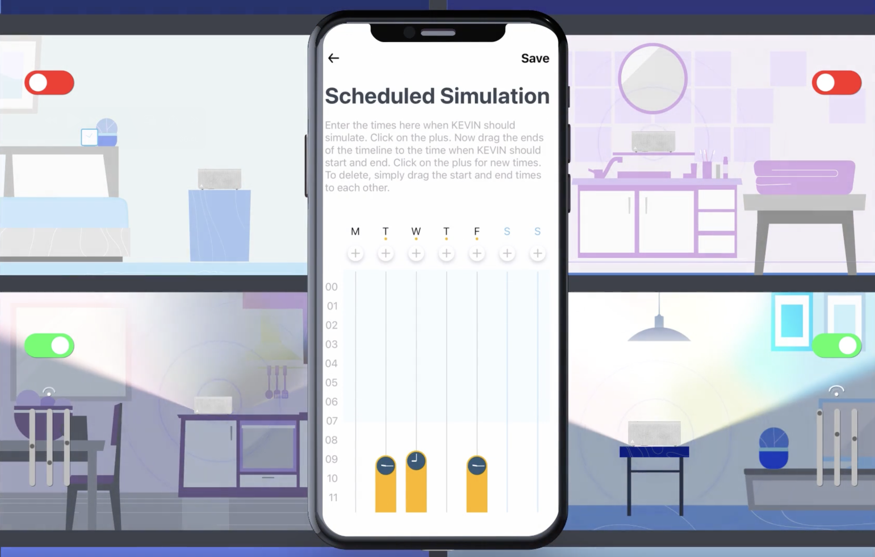 Smartphone-App-UI zeigt Einstellungen für die geplante Simulation. Räume mit Geräten und Kippschaltern sind sichtbar.