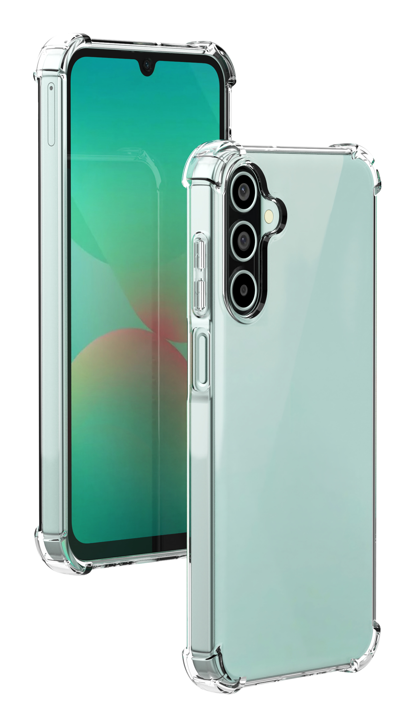 Deux smartphones dans des étuis de protection. L'un affiche un écran vert, l'autre a des objectifs. Étuis transparents.