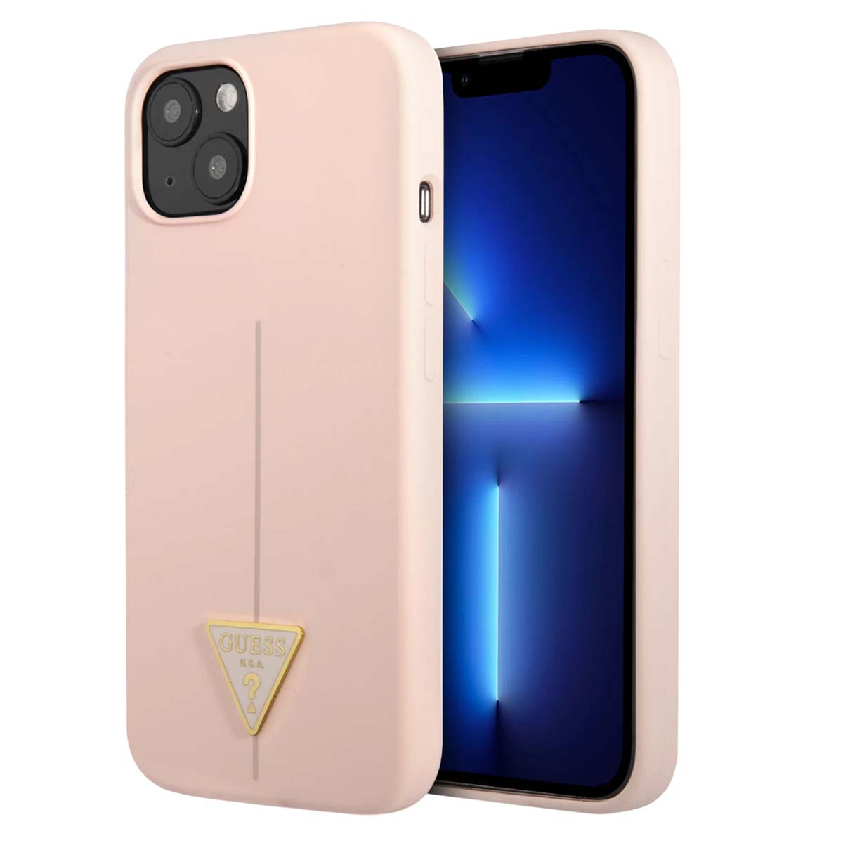 Una custodia rosa per telefono con un telefono all'interno. La custodia ha il logo Guess. Lo schermo del telefono è nero e blu.