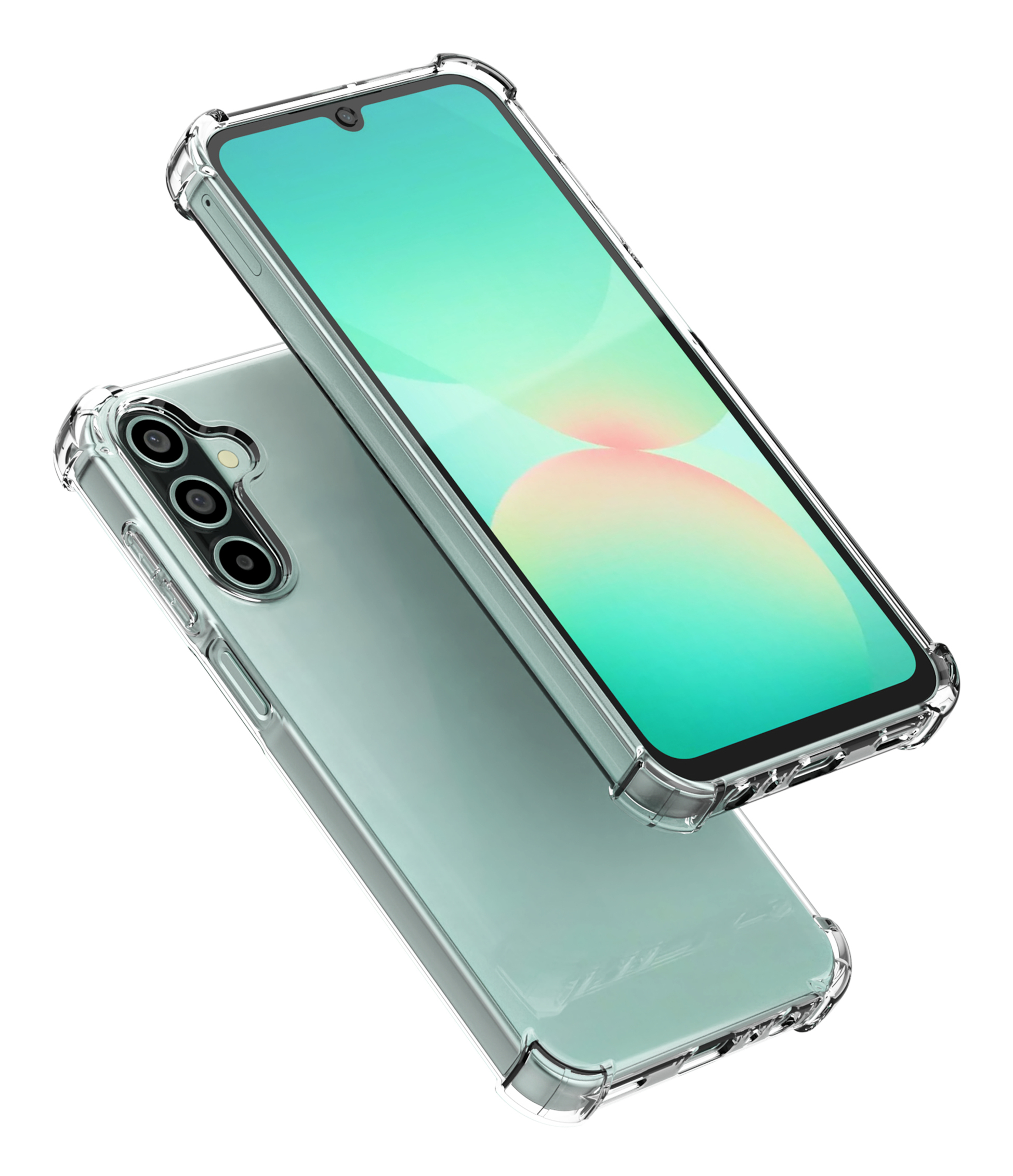 Deux smartphones avec des coques de protection transparentes, l'un sur l'autre. Les écrans affichent des dégradés de couleurs.