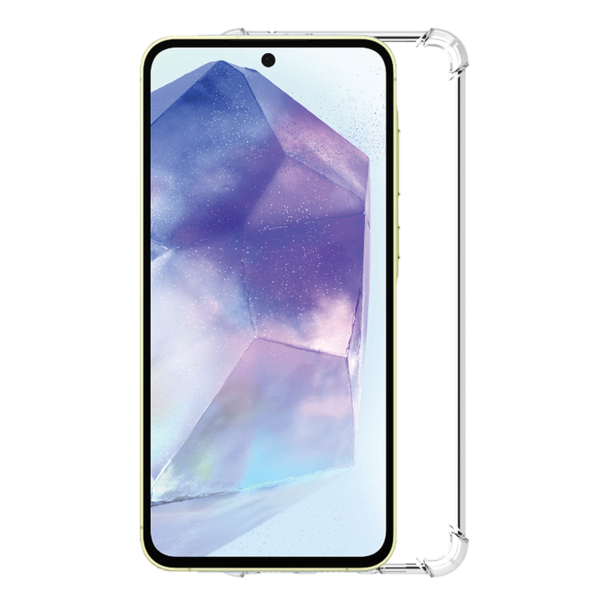 Se muestra un smartphone en una funda transparente. La pantalla muestra un gráfico púrpura en forma de cristal. El teléfono tiene un marco amarillo.
