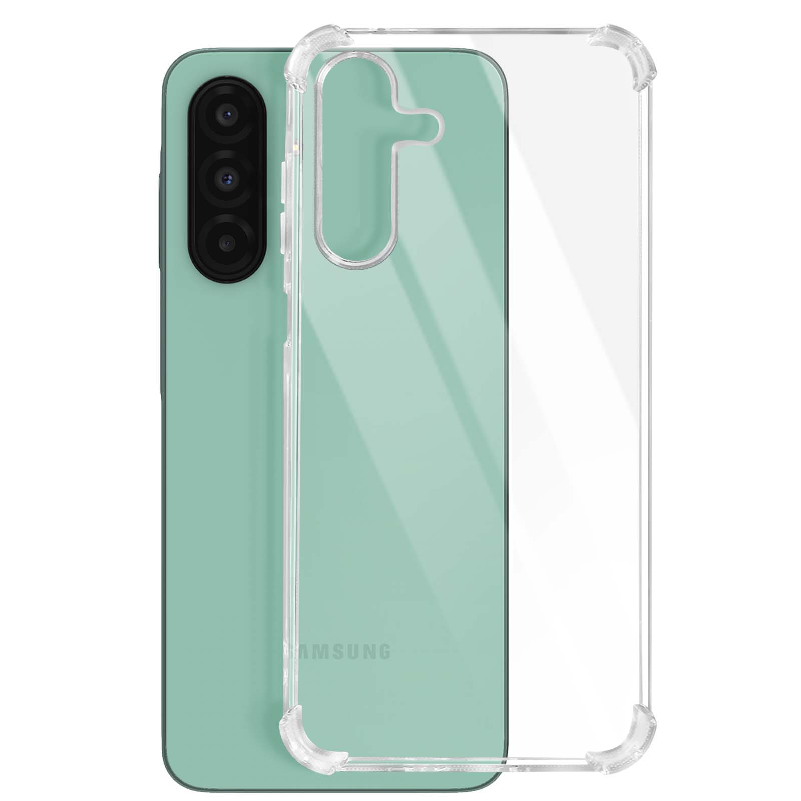 Un téléphone vert menthe avec une coque de protection transparente. Le téléphone a trois objectifs. La coque a des coins renforcés.