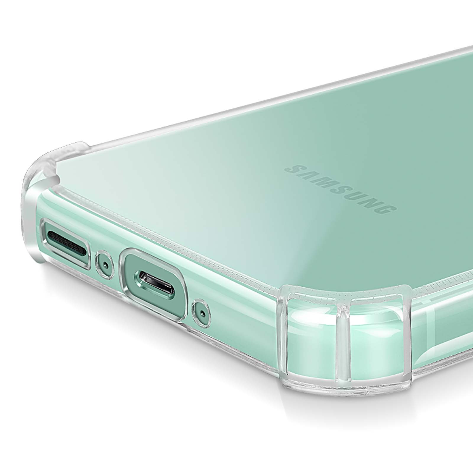 Gros plan d'un téléphone vert menthe avec une coque de protection transparente. Le logo Samsung est visible. Ports et boutons sont visibles.