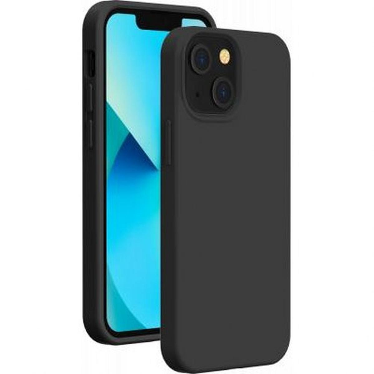Una custodia nera per telefono con un iPhone, che mostra lo schermo e la custodia. Lo schermo è blu. La custodia è nera con la fotocamera.