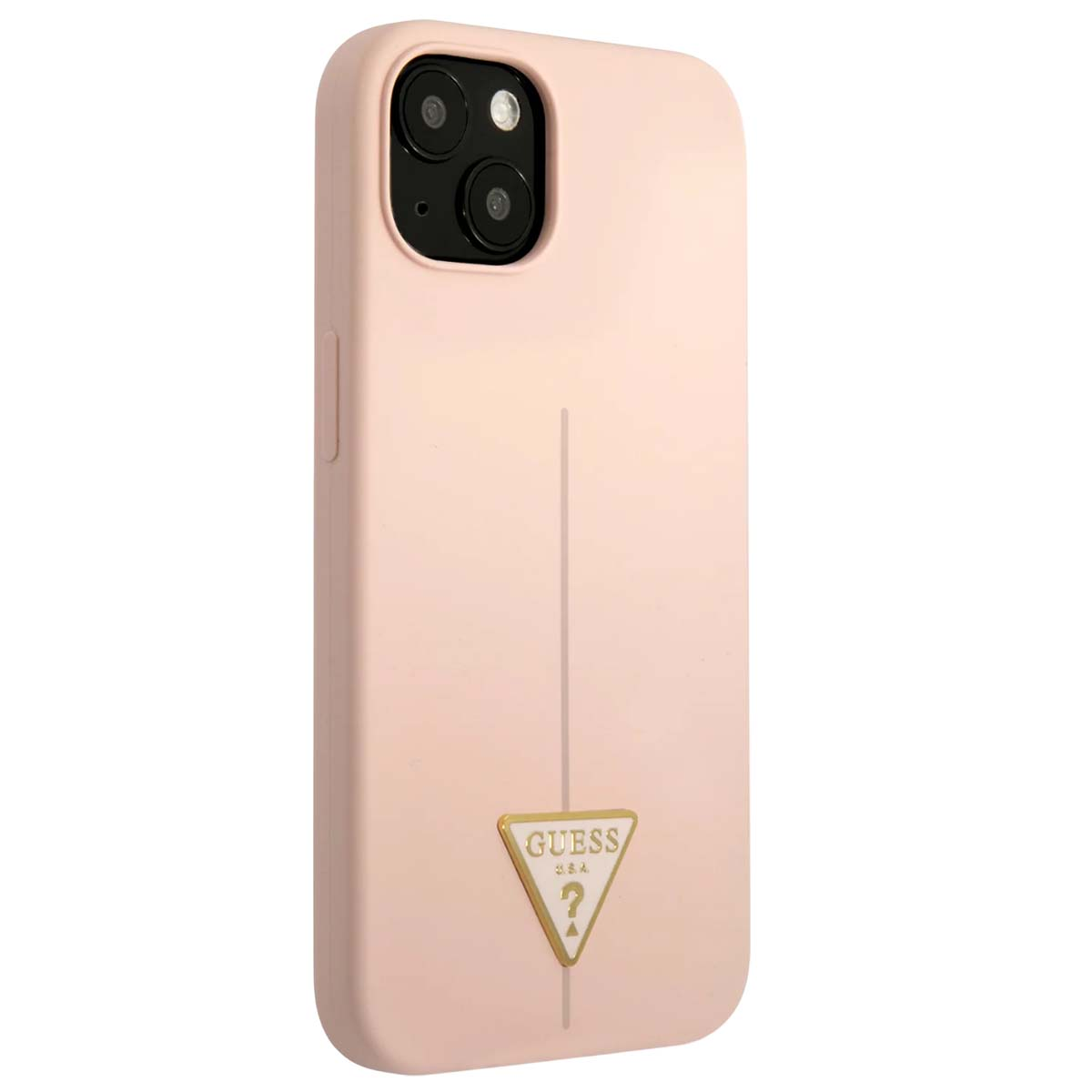 Una custodia rosa per telefono con il logo Guess. Ha un ritaglio per la fotocamera e una linea verticale. Il logo è un triangolo dorato con un punto interrogativo.