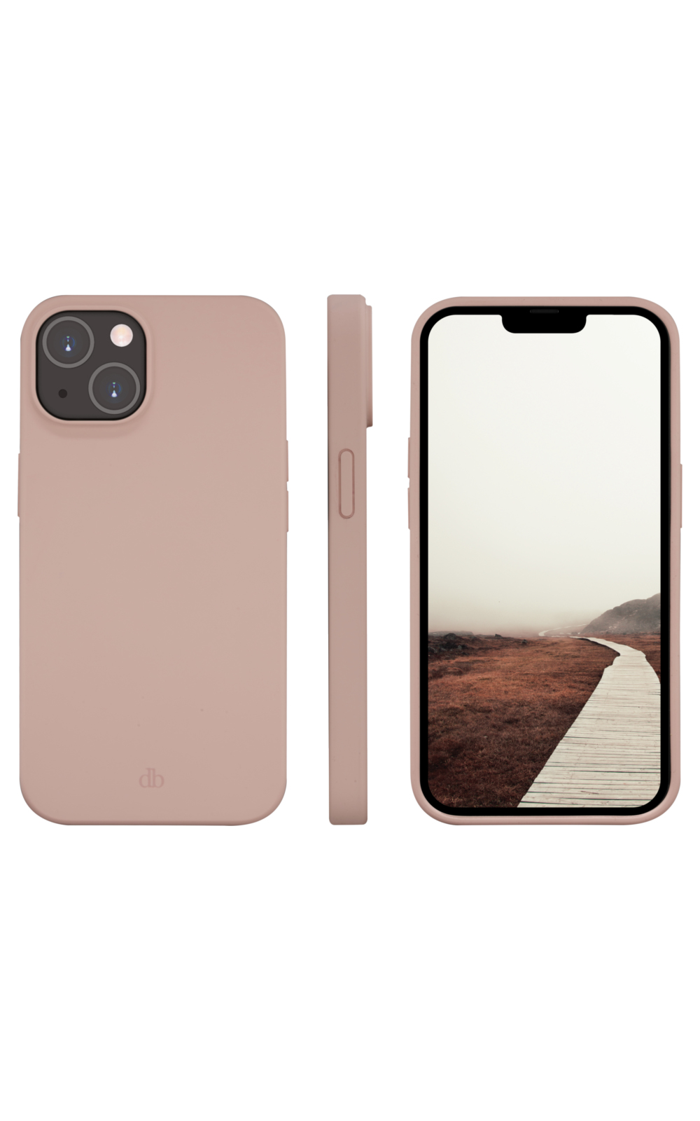 Tre viste di una custodia rosa per telefono con un iPhone. Lo schermo mostra una scena di passerella in un paesaggio nebbioso.