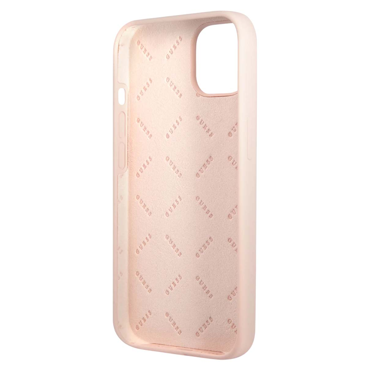 Una custodia per telefono Guess rosa chiaro. L'interno presenta il logo Guess ripetutamente. La custodia ha un ritaglio per la fotocamera e fori per i pulsanti.