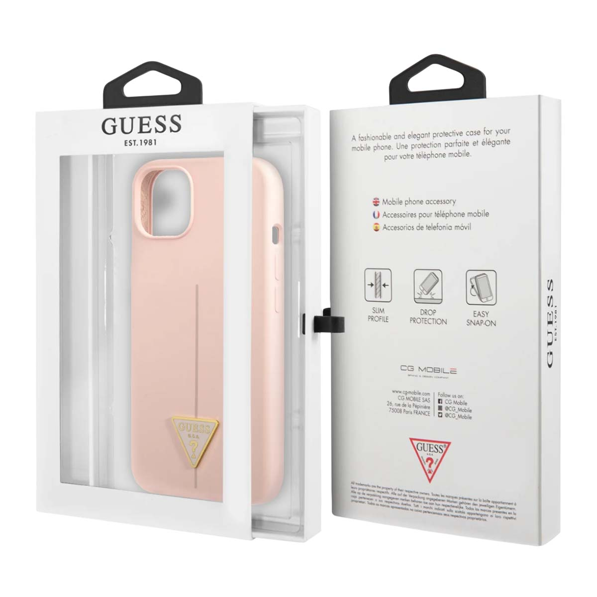 Una custodia per telefono Guess in una scatola. La custodia è rosa, con il logo Guess, e la scatola è bianca, con testo di marketing.