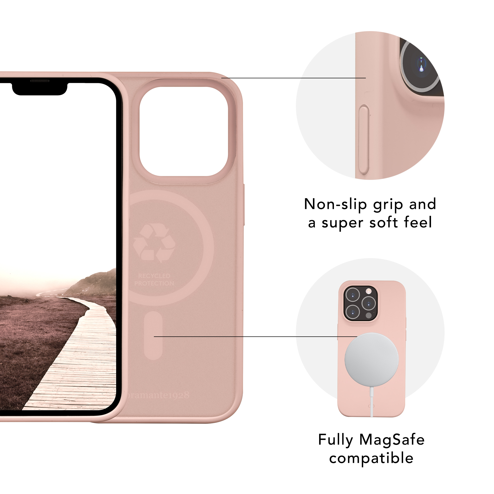 Custodia rosa con telefono. Include impugnatura antiscivolo, sensazione morbida e compatibilità MagSafe.