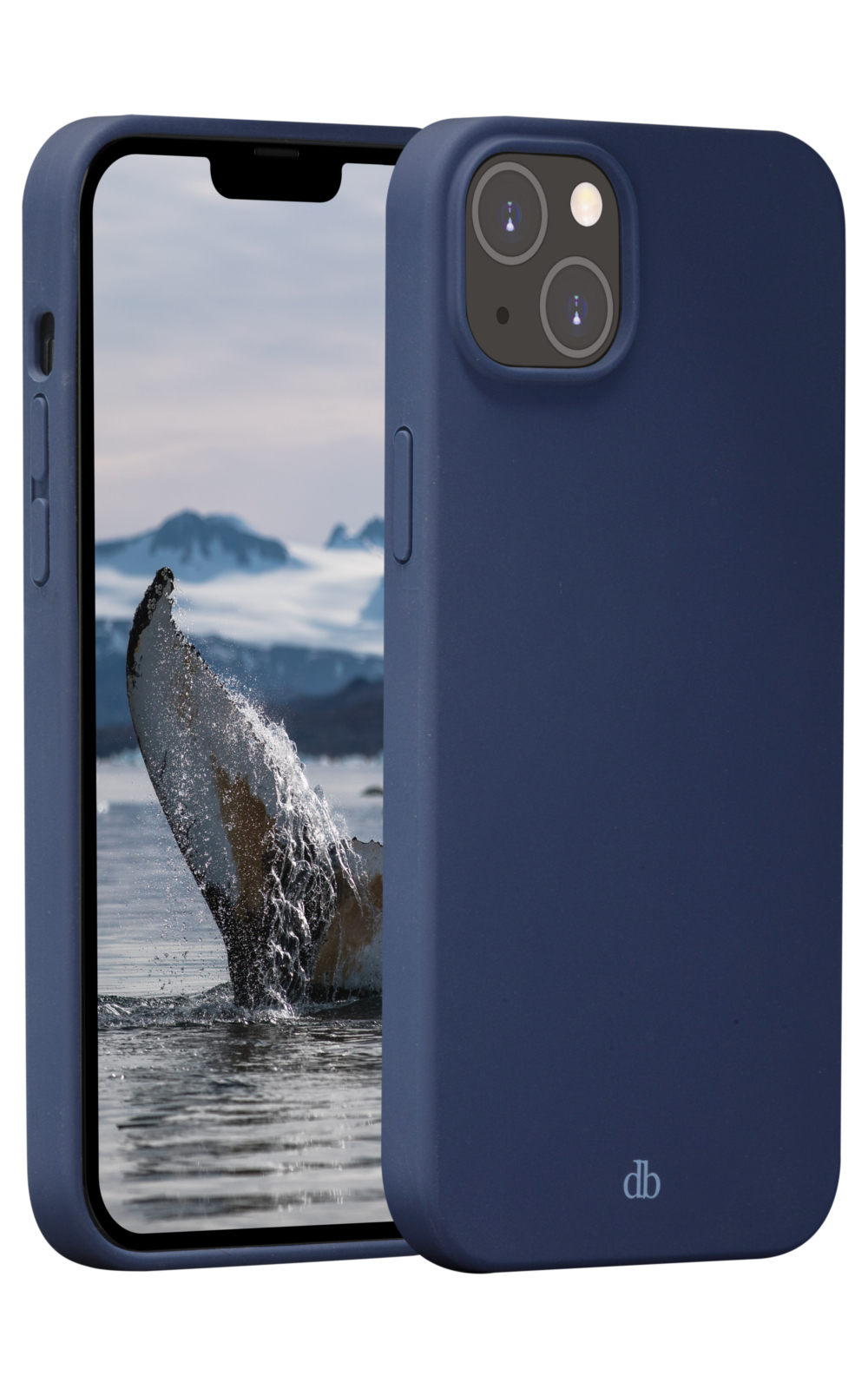 Una custodia blu navy con un telefono all'interno. Lo schermo del telefono mostra la coda di una balena che rompe l'acqua.
