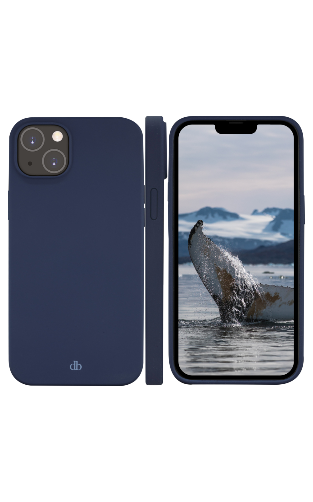 Una custodia blu navy con una balena che si innalza sullo schermo. La custodia è a sinistra, lo schermo a destra.