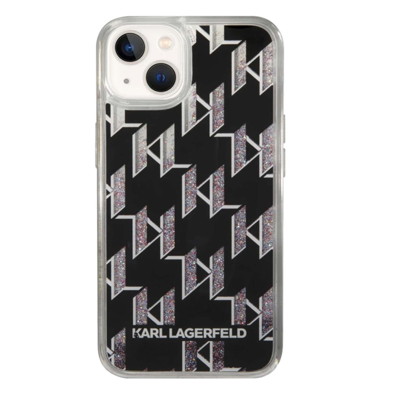 iPhone-Hülle mit schwarzem Hintergrund und weißen und glitzernden K's. Der Markenname KARL LAGERFELD steht unten.