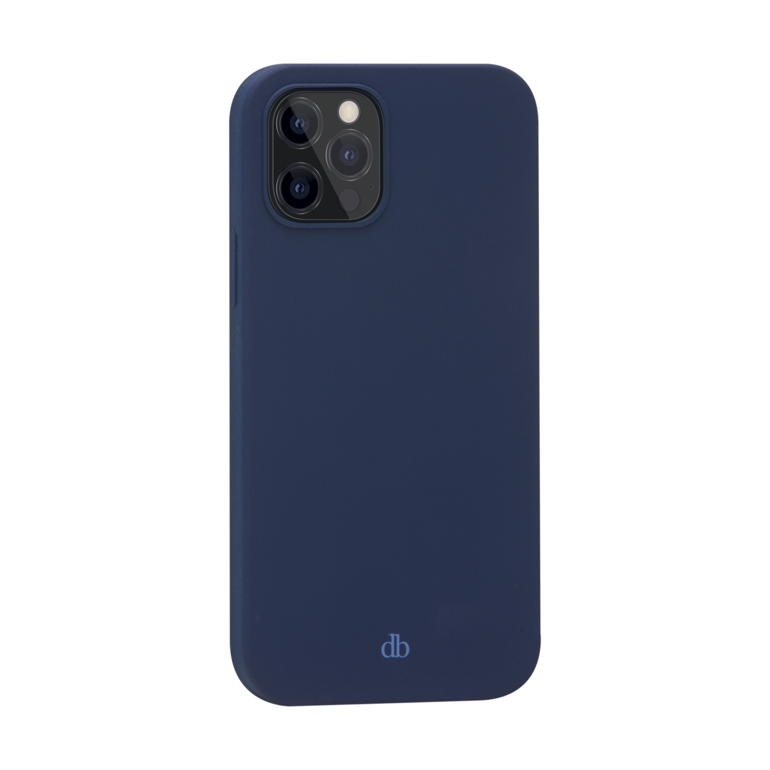 Una custodia blu navy con più lenti della fotocamera. La custodia ha le lettere 'db' in basso.