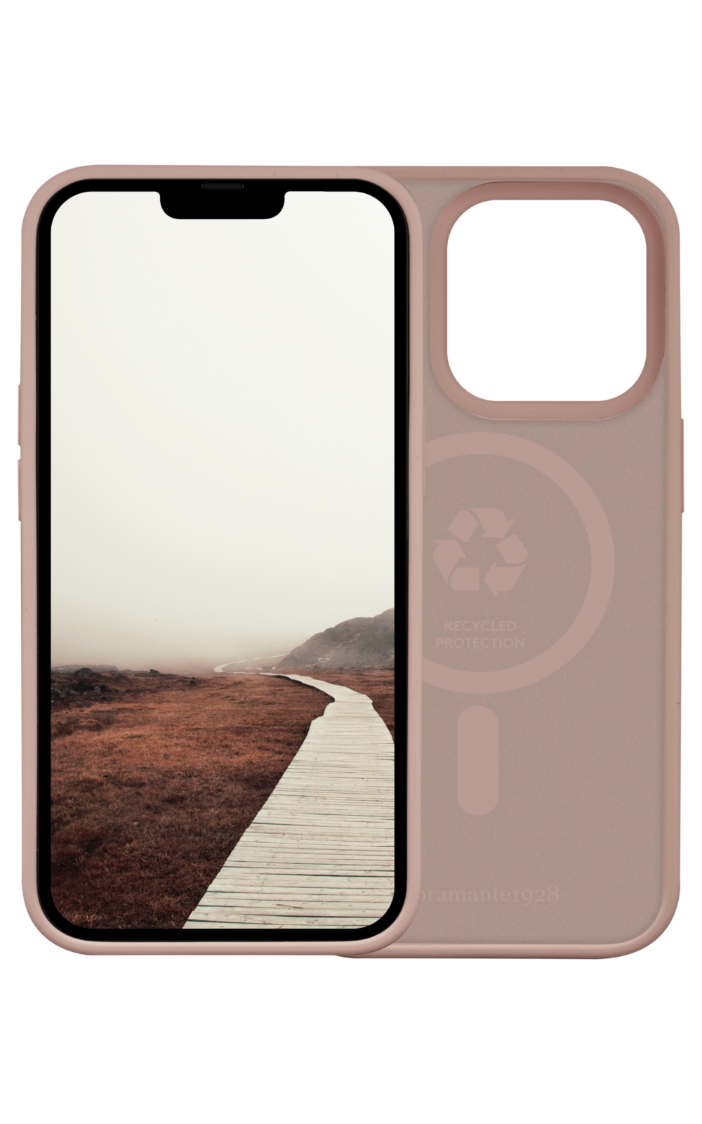 Custodia per telefono con immagine di un sentiero in legno attraverso un campo nebbioso. La custodia è rosa.