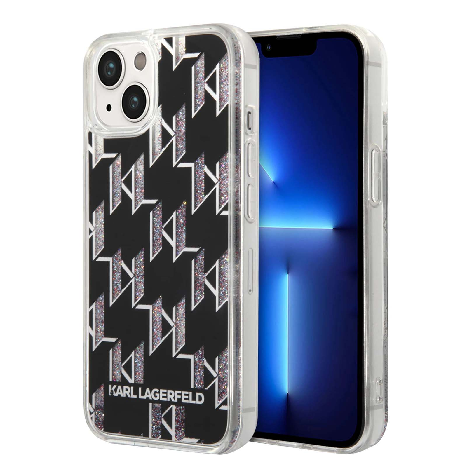 Ein Telefon in einer schwarzen und silbernen Karl Lagerfeld Hülle. Der Bildschirm ist blau. Die Hülle hat ein silbernes K-Muster.