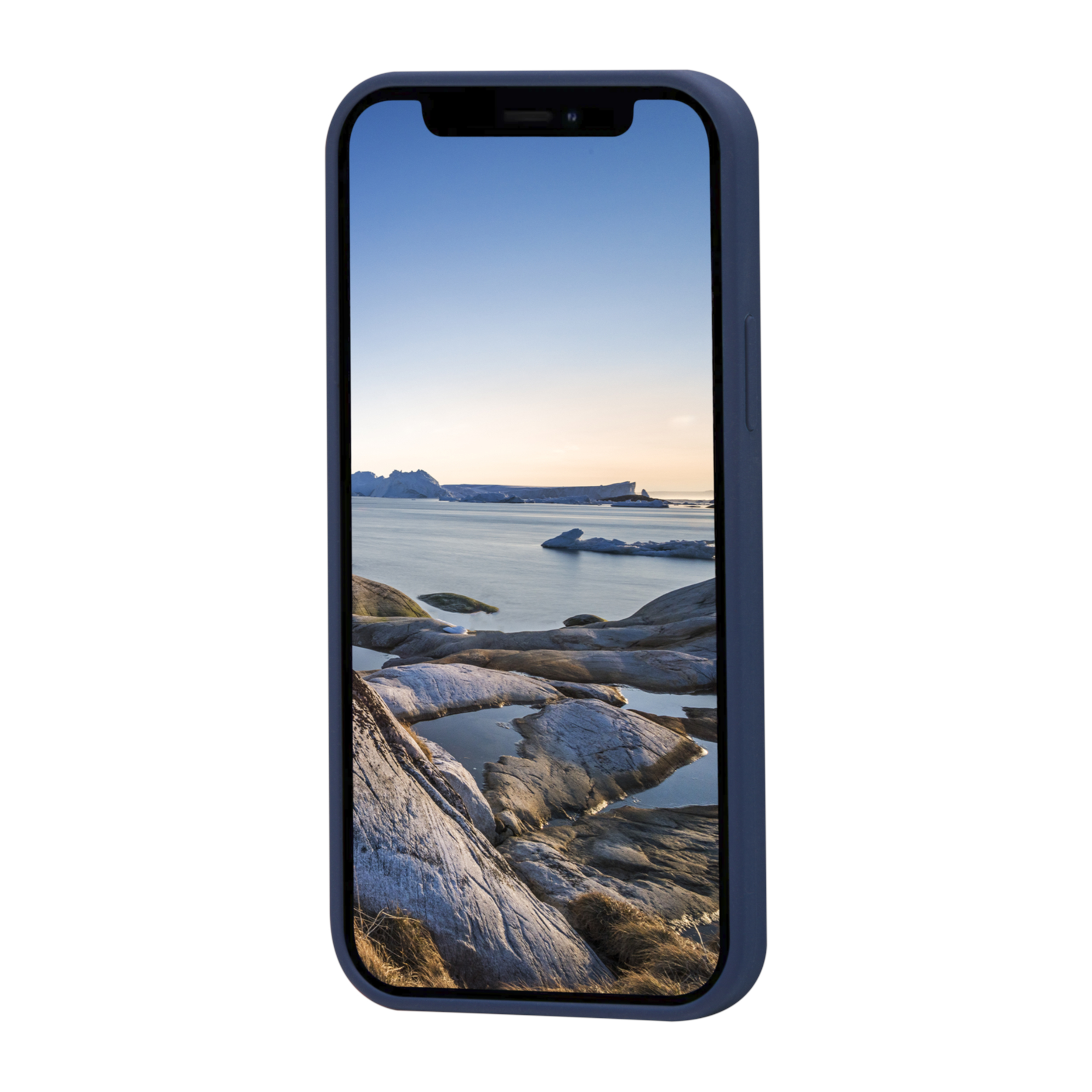 Ein Telefon zeigt eine Landschaft mit Eisbergen und Felsen, umrahmt von einem marineblauen Gehäuse. Der Himmel ist klar und blau.