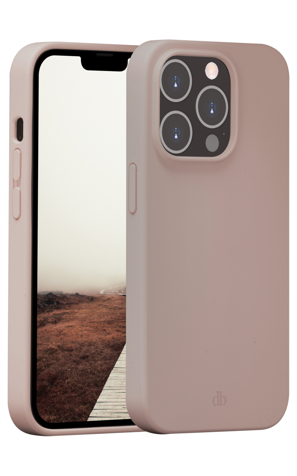 Un telefono rosa con custodia. Lo schermo mostra un paesaggio con un sentiero di legno. La custodia ha lenti della fotocamera.