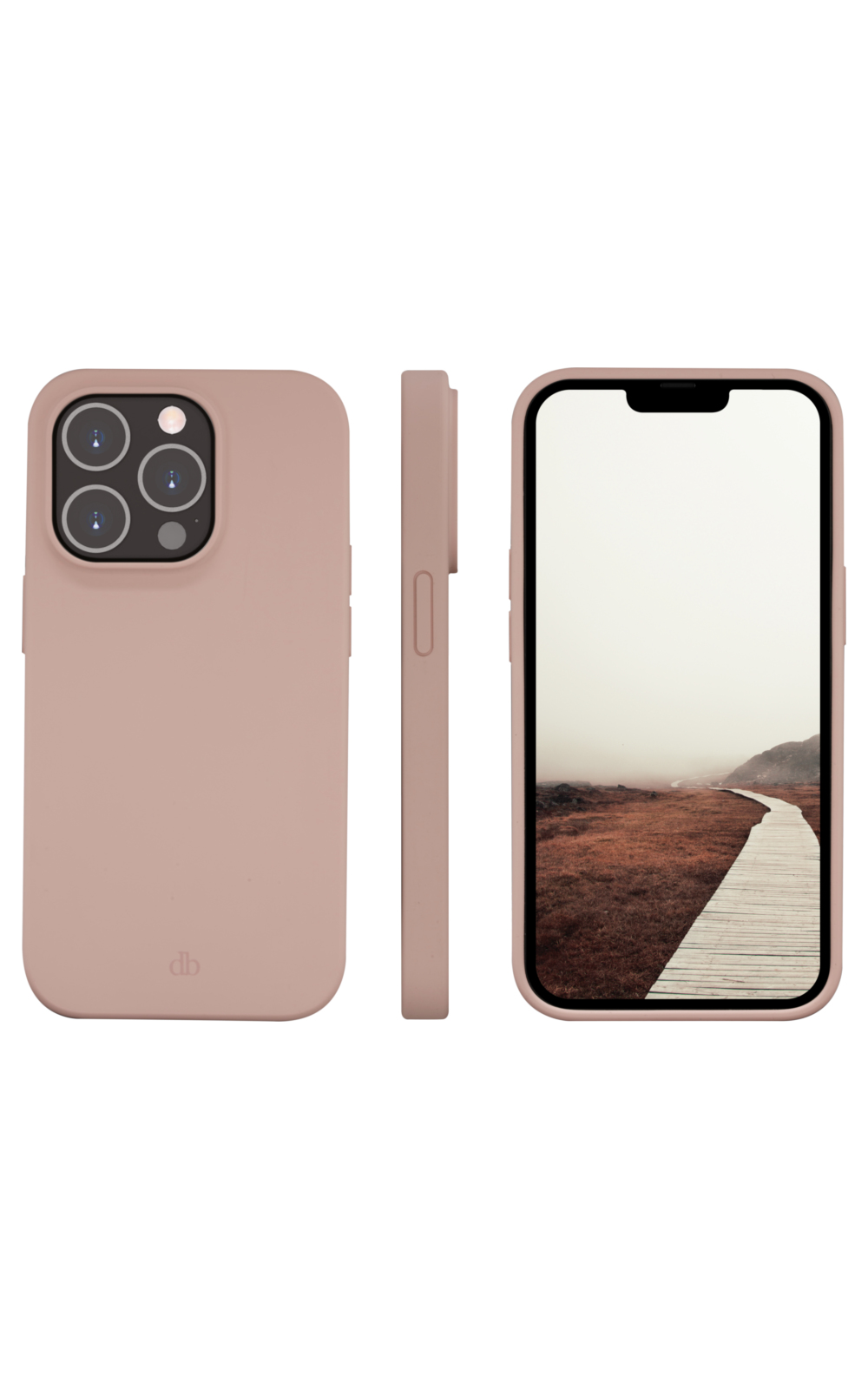 Un iPhone con una custodia rosa. Mostra un sentiero di legno che attraversa un paesaggio con la nebbia. Custodia e telefono sono affiancati.