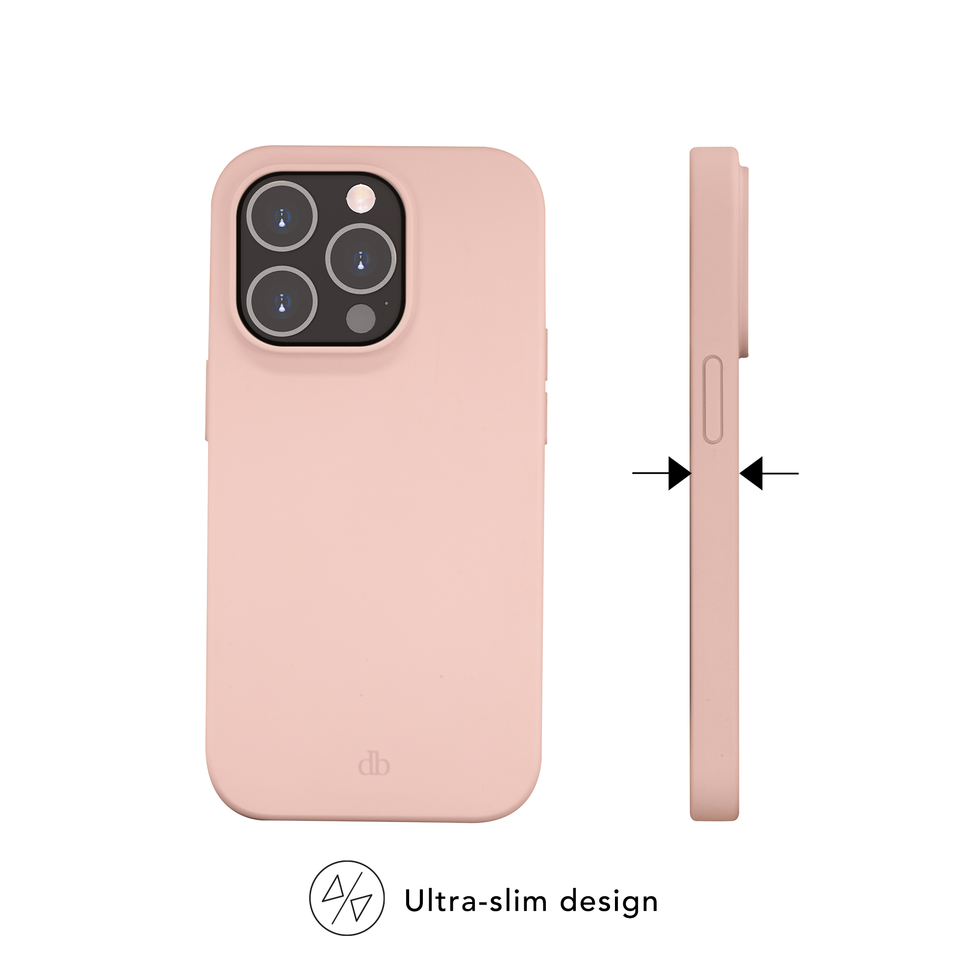 Una custodia rosa per telefono, vista frontalmente e lateralmente, con la scritta 'Design ultra-sottile' sotto.