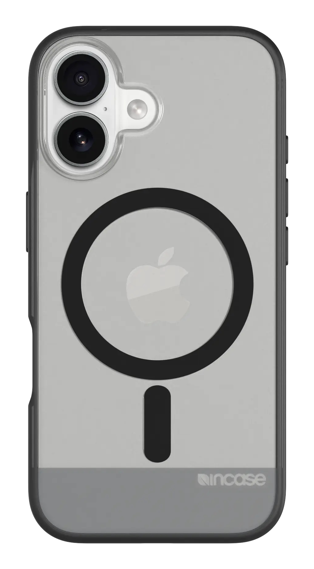 Custodia trasparente per iPhone con dettagli neri. Presenta ritagli per la fotocamera, un cerchio nero e una barra verticale nera.