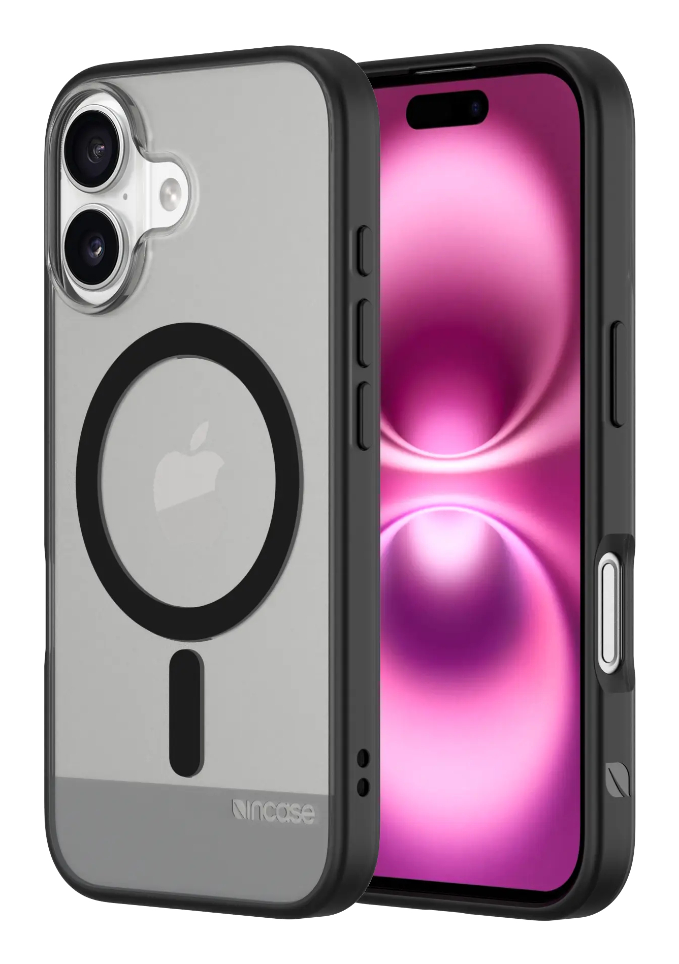 Viene mostrato un iPhone in una custodia trasparente. La custodia ha un bordo nero e un accento nero circolare. Lo schermo del telefono è rosa.