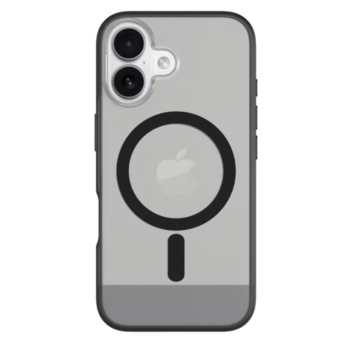Custodia trasparente per iPhone con bordi neri, due fotocamere e un cerchio nero con un segno meno. Logo Apple visibile.