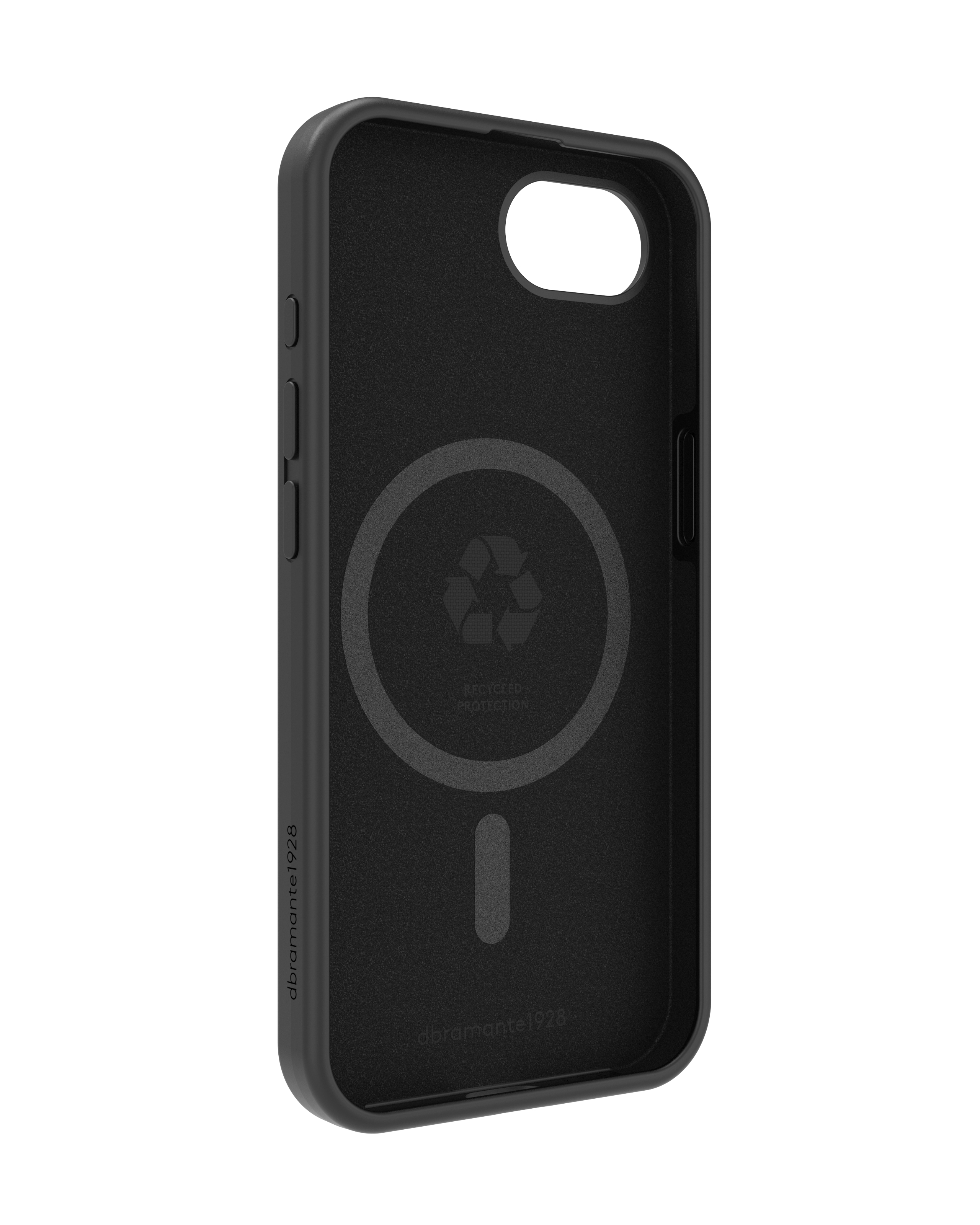 Intérieur d'étui de téléphone noir, avec cercle MagSafe et symbole de recyclage. Il y a des boutons latéraux.