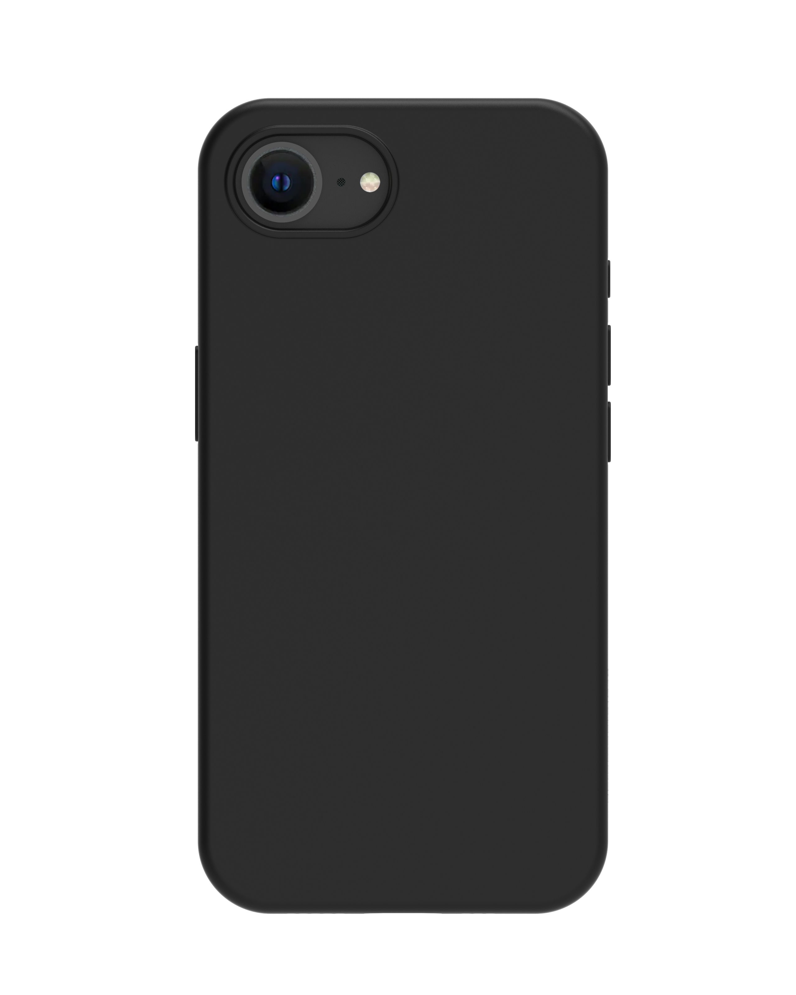 Un étui de téléphone noir avec un objectif et des boutons sur fond blanc.
