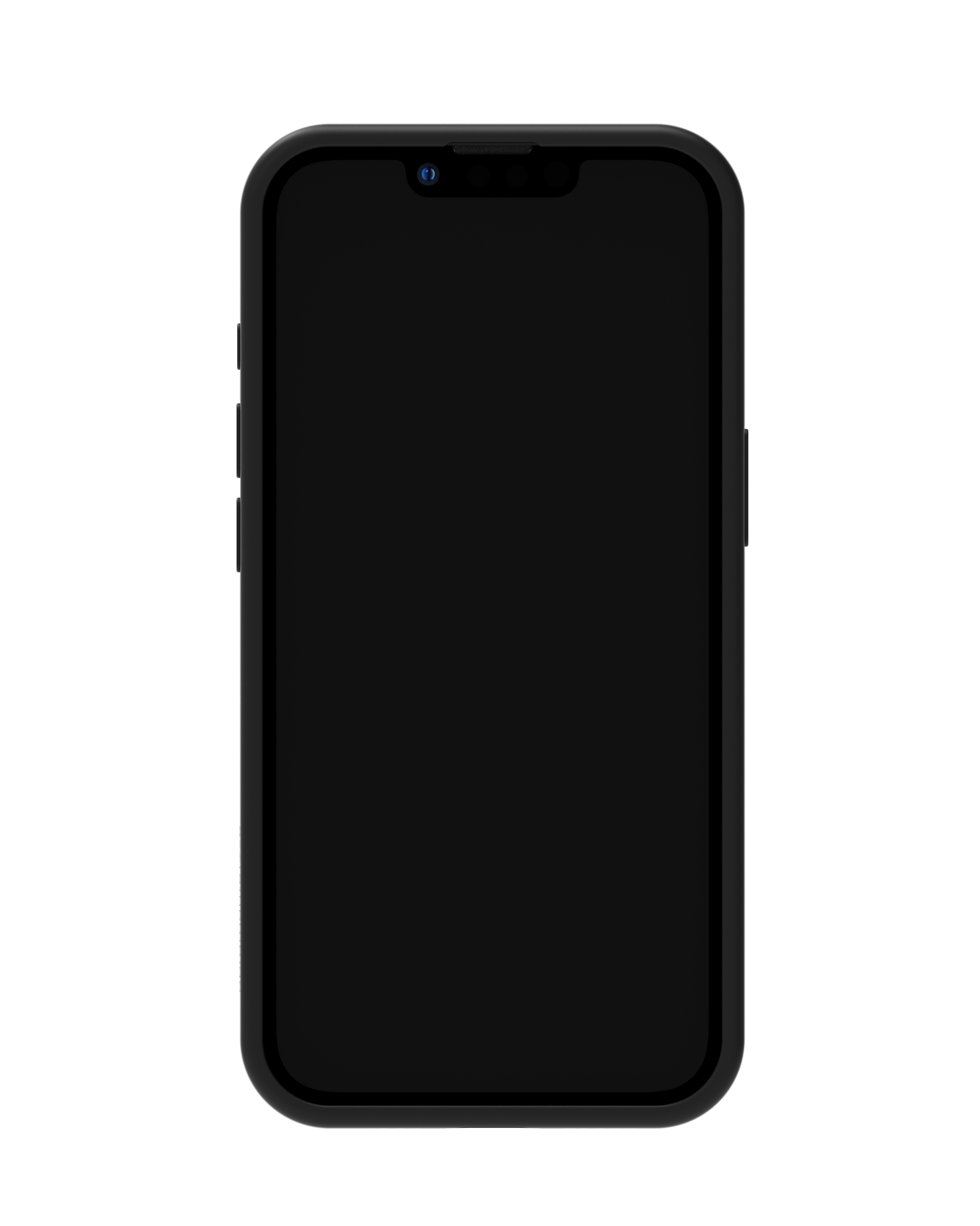Un smartphone noir avec un écran sombre est présenté. Le téléphone a un cadre noir et un fond blanc.