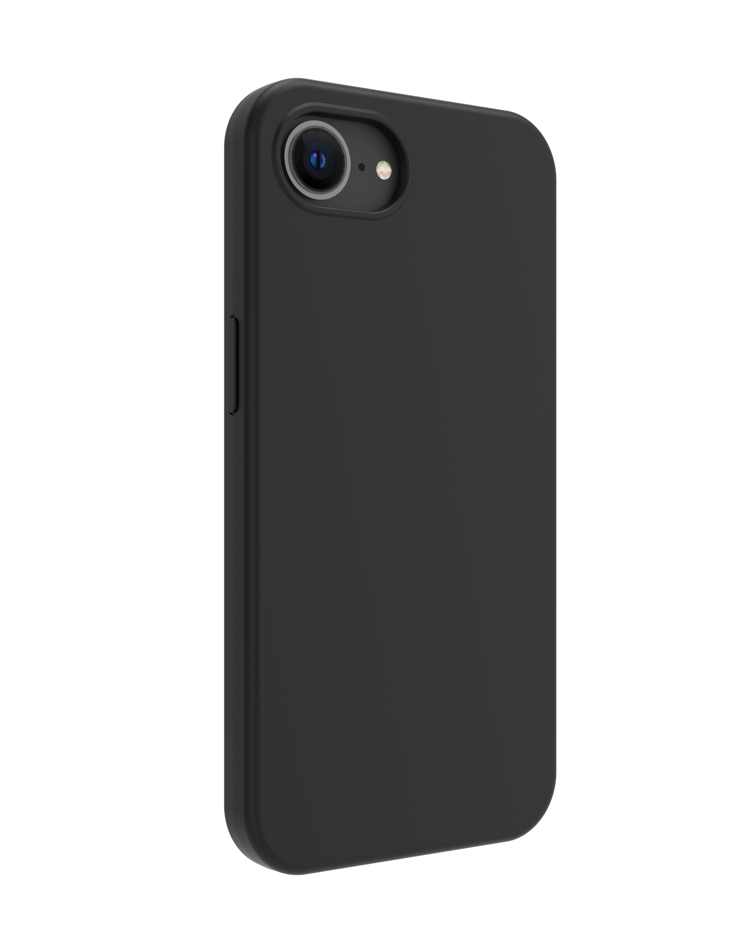 Un étui de téléphone noir sur fond blanc. Il a une caméra et un bouton.
