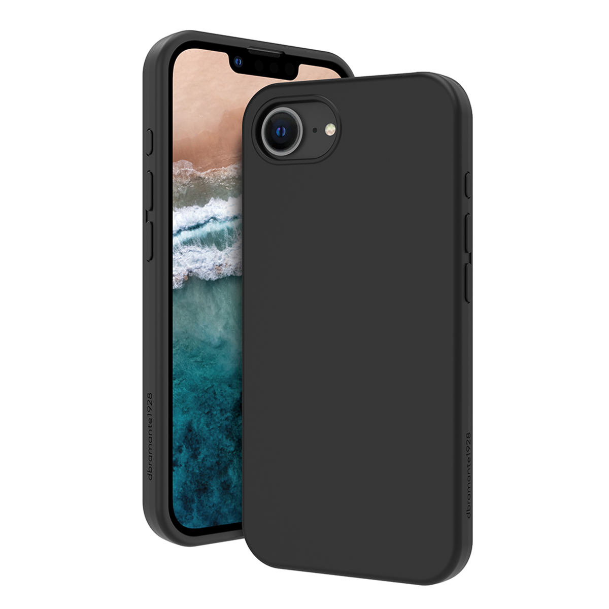 Deux coques de téléphone noires, l'une recouvrant partiellement un téléphone avec un écran montrant une scène de plage.